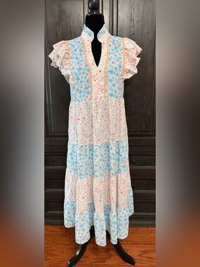 Shein Blue Mixed Print Maxi tiered & V-neckline Dress  -Small